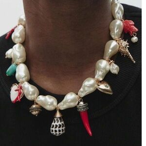 ZARA BOHO BEACHY STATMENT FAUX PEARL CHARM NECKLACE🎡NWOT